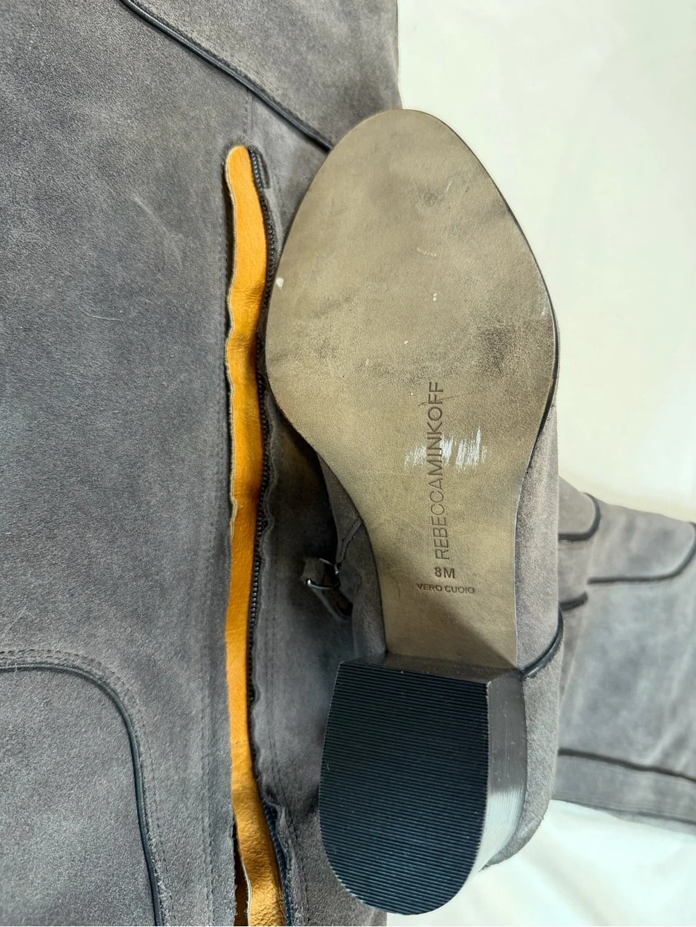Rebecca Minkoff Over-the-Knee Suede Boots in Charcoal Gray with Tan Trim